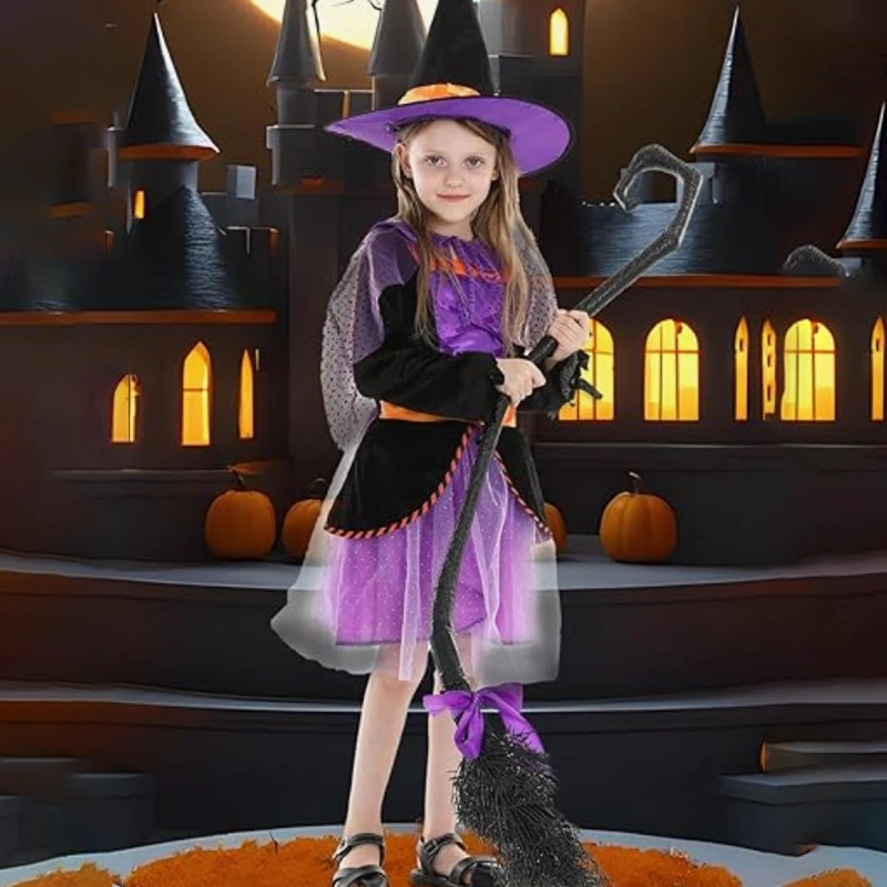 Trang phục phù thủy dành cho trẻ em diễu hành Halloween với áo choàng lấp lánh